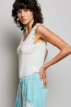 POL Sleeveless Blouse V-Neck Button Heart Studded Trim Cream Tank Casual Top