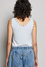 POL Sleeveless Blouse Heart Studded Trim Button-Front Ruffle Tank Casual Top