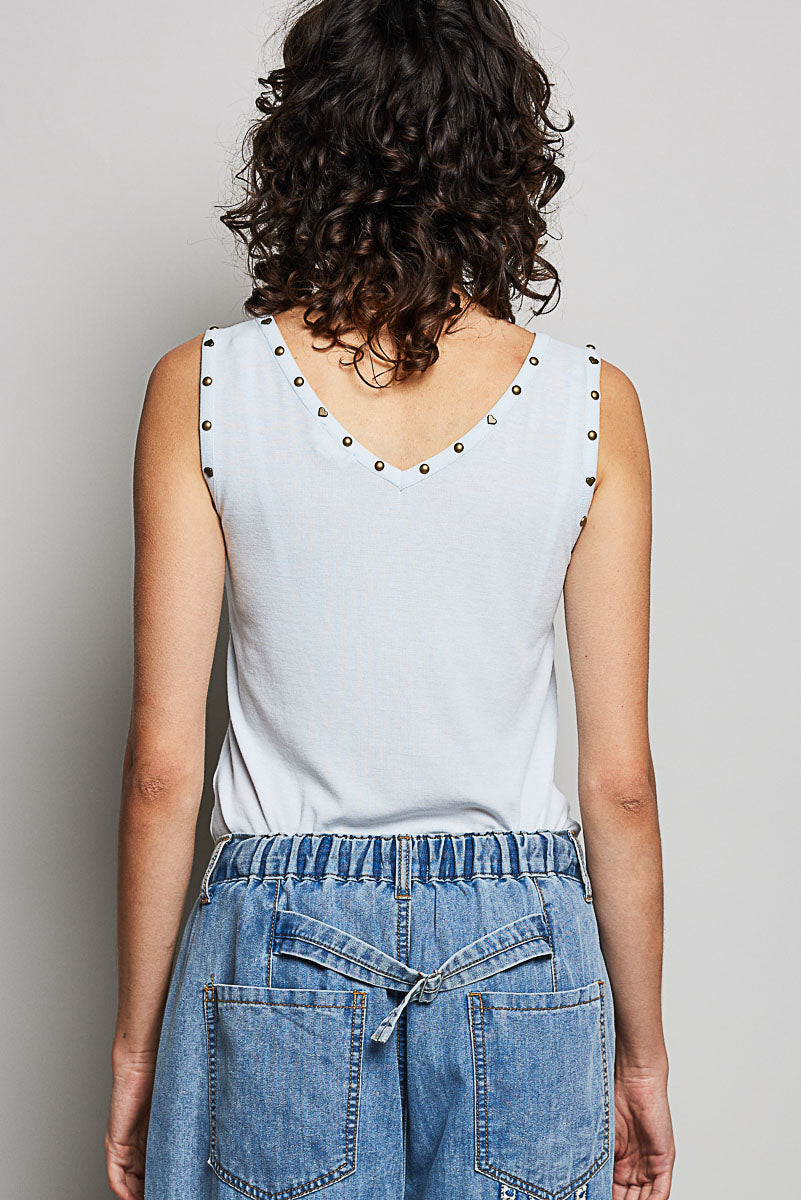 POL Sleeveless Blouse Heart Studded Trim Button-Front Ruffle Tank Casual Top