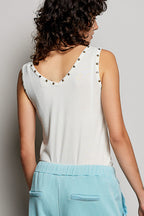 POL Sleeveless Blouse V-Neck Button Heart Studded Trim Cream Tank Casual Top