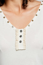 POL Sleeveless Blouse V-Neck Button Heart Studded Trim Cream Tank Casual Top