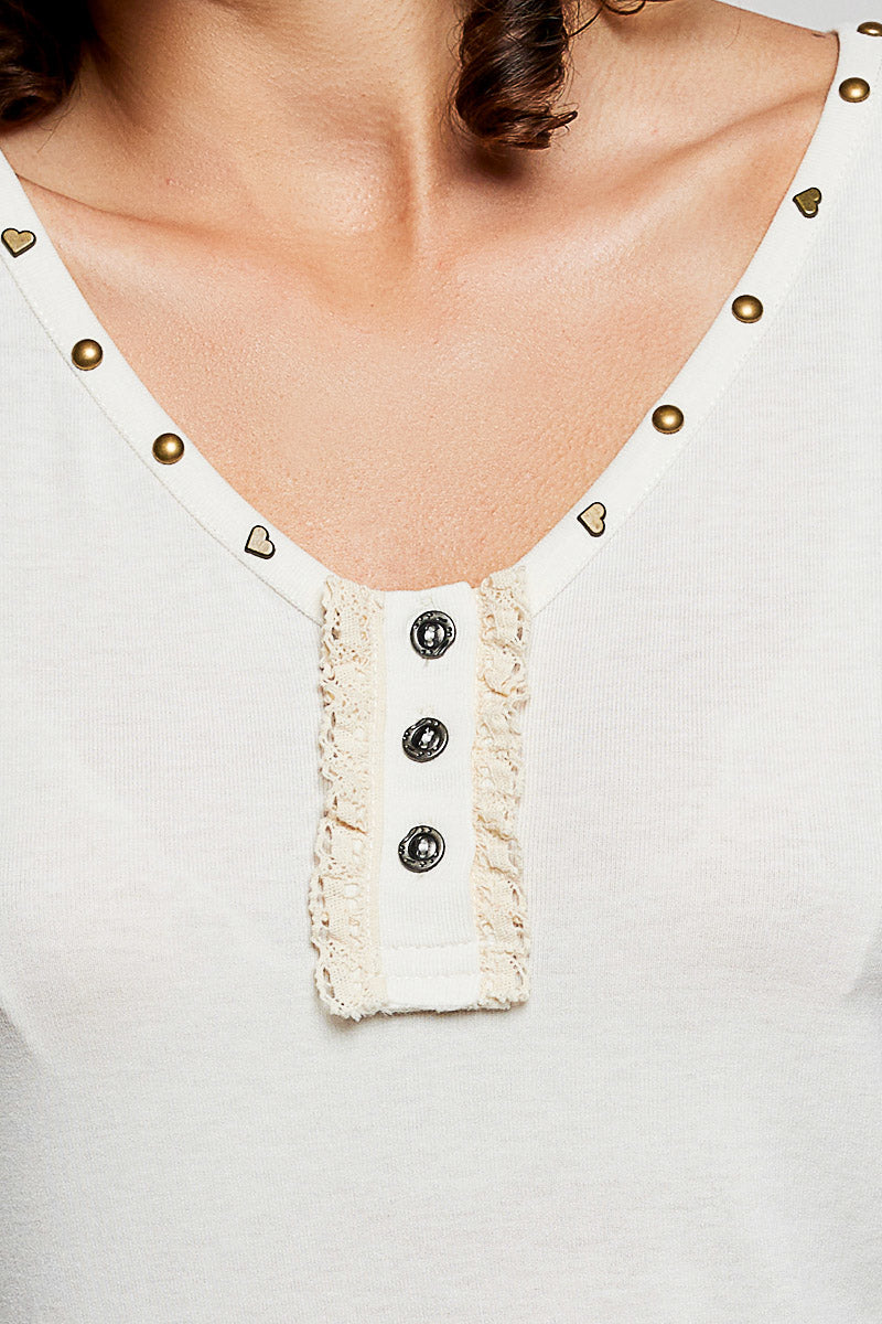 POL Sleeveless Blouse V-Neck Button Heart Studded Trim Cream Tank Casual Top