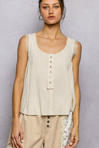 POL Textured Knit Tank Vanilla Button Round Neck Sleeveless Lace Trim Blouse