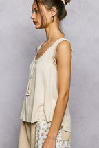 POL Textured Knit Tank Vanilla Button Round Neck Sleeveless Lace Trim Blouse