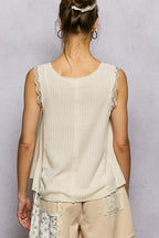 POL Textured Knit Tank Vanilla Button Round Neck Sleeveless Lace Trim Blouse