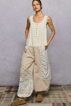 POL Textured Knit Tank Vanilla Button Round Neck Sleeveless Lace Trim Blouse