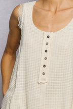 POL Textured Knit Tank Vanilla Button Round Neck Sleeveless Lace Trim Blouse
