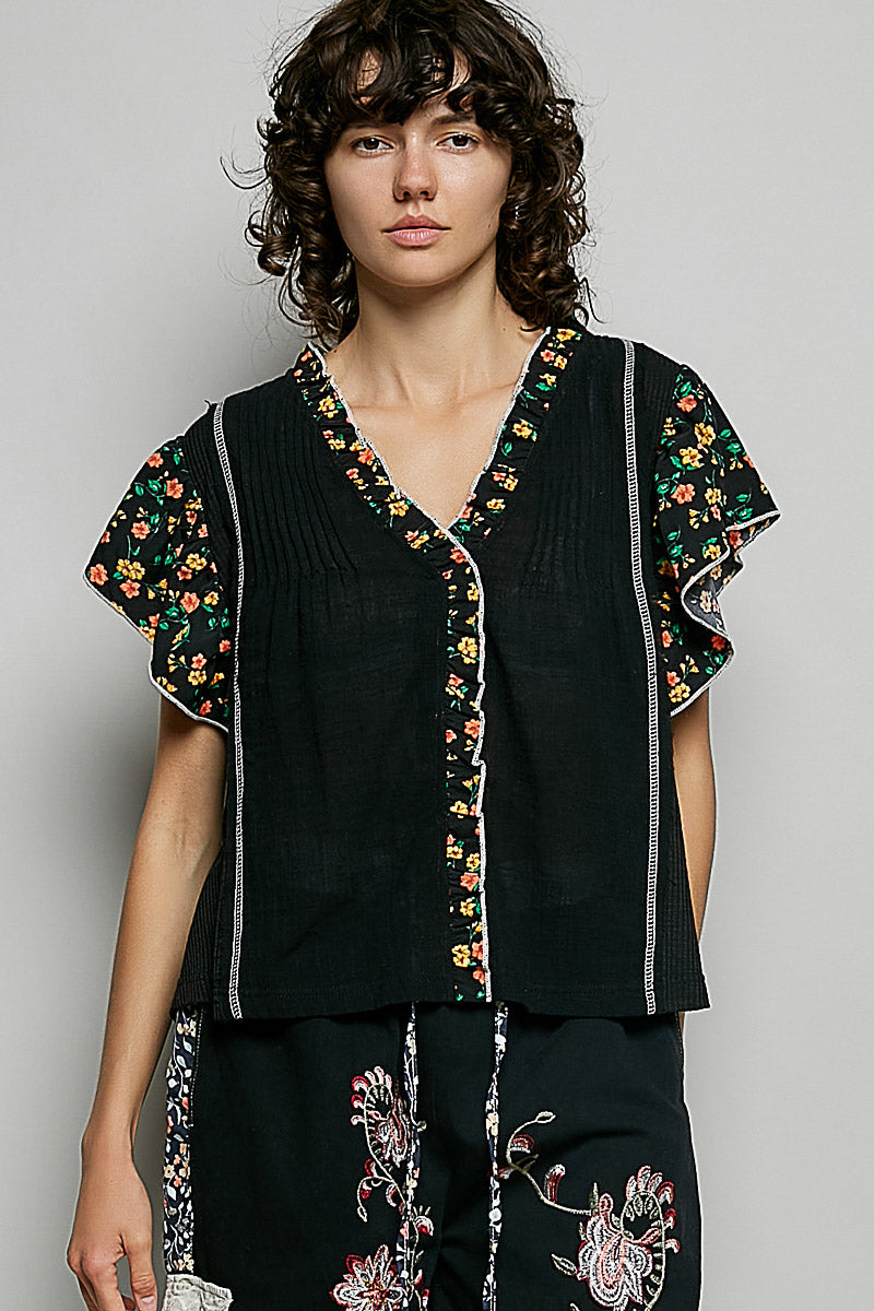 POL Black Blouse Cotton V-Neck Floral Trim Ruffle Casual Short Sleeve Top