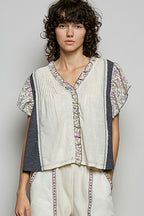 POL Casual Blouse Cotton V-Neck Floral Ruffle Contrast Trim Short Sleeve Top