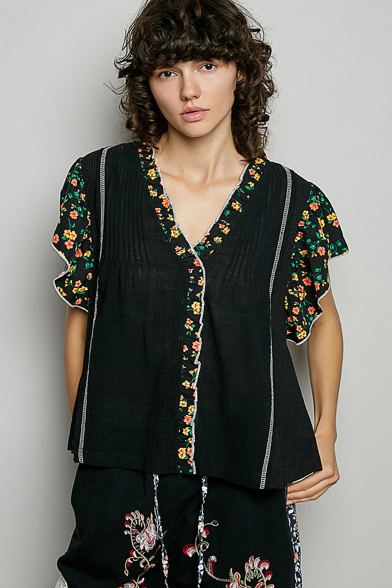 POL Black Blouse Cotton V-Neck Floral Trim Ruffle Casual Short Sleeve Top