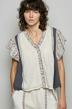 POL Casual Blouse Cotton V-Neck Floral Ruffle Contrast Trim Short Sleeve Top