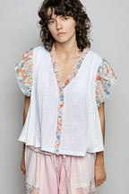 POL Cotton Blouse Ivory V-Neck Floral Contrast Ruffle Short Sleeve Top