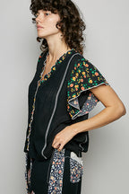 POL Schwarze Bluse Baumwolle V-Ausschnitt Blumenmuster Rüschen Freizeit Kurzarm-Top