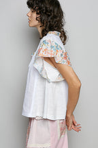 POL Cotton Blouse Ivory V-Neck Floral Contrast Ruffle Short Sleeve Top