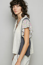 POL Casual Blouse Cotton V-Neck Floral Ruffle Contrast Trim Short Sleeve Top