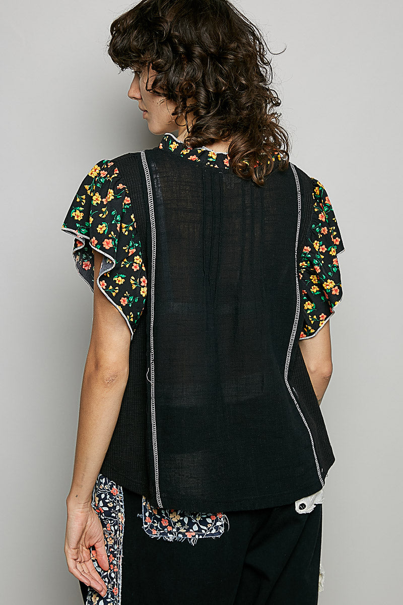 POL Black Blouse Cotton V-Neck Floral Trim Ruffle Casual Short Sleeve Top
