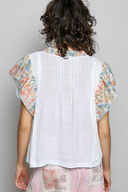 POL Cotton Blouse Ivory V-Neck Floral Contrast Ruffle Short Sleeve Top