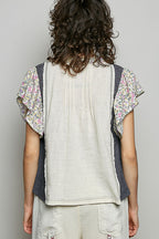 POL Casual Blouse Cotton V-Neck Floral Ruffle Contrast Trim Short Sleeve Top