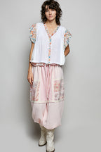 POL Cotton Blouse Ivory V-Neck Floral Contrast Ruffle Short Sleeve Top