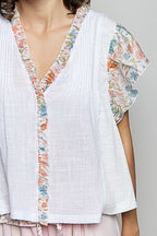 POL Cotton Blouse Ivory V-Neck Floral Contrast Ruffle Short Sleeve Top