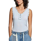 POL Sleeveless Blouse Heart Studded Trim Button-Front Ruffle Tank Casual Top