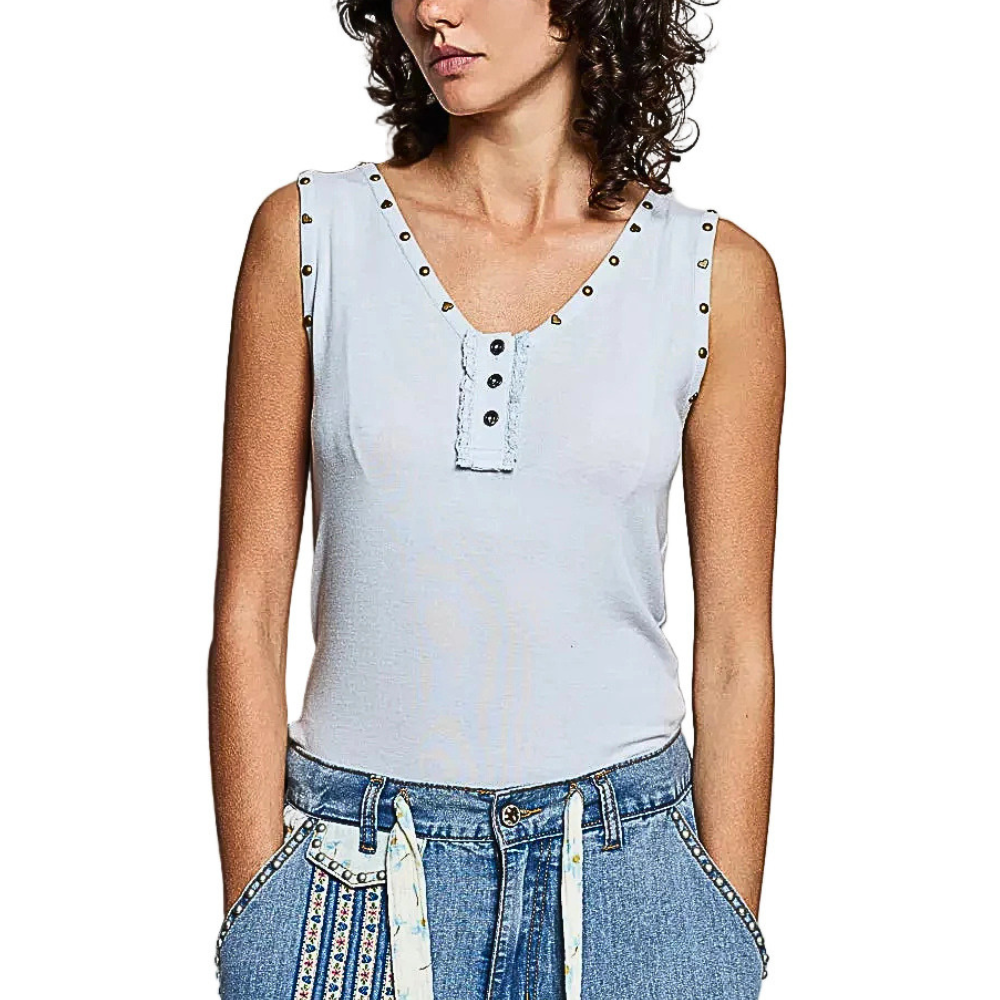 POL Sleeveless Blouse Heart Studded Trim Button-Front Ruffle Tank Casual Top
