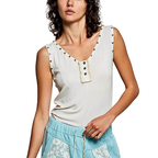 POL Sleeveless Blouse V-Neck Button Heart Studded Trim Cream Tank Casual Top