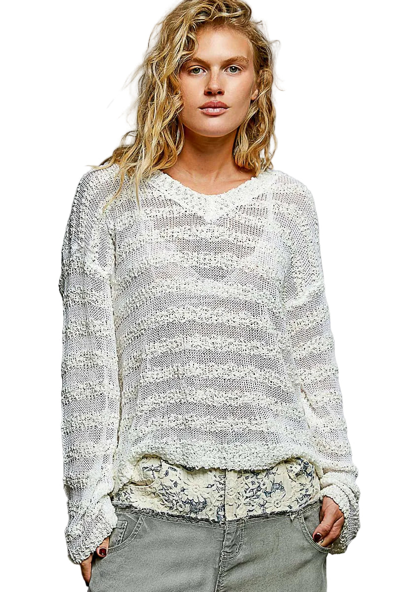 POL Off White Oversized Knit Blouse V-Neck Sheer Stripe Long Sleeve Casual