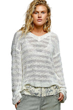 POL Off-White Oversize Strickbluse V-Ausschnitt Transparent Gestreift Langarm Lässig