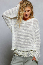 POL Off-White Oversize Strickbluse V-Ausschnitt Transparent Gestreift Langarm Lässig