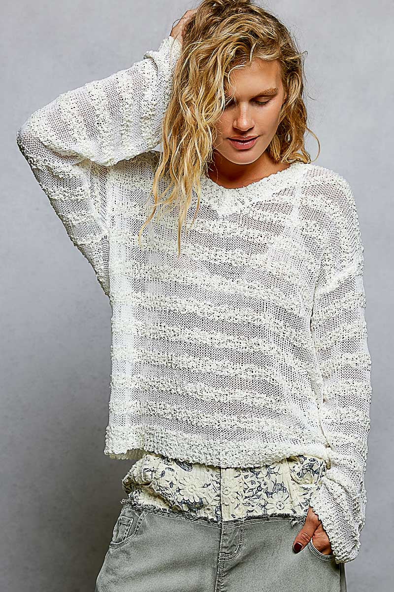 POL Off White Oversized Knit Blouse V-Neck Sheer Stripe Long Sleeve Casual