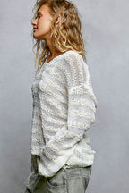POL Off-White Oversize Strickbluse V-Ausschnitt Transparent Gestreift Langarm Lässig