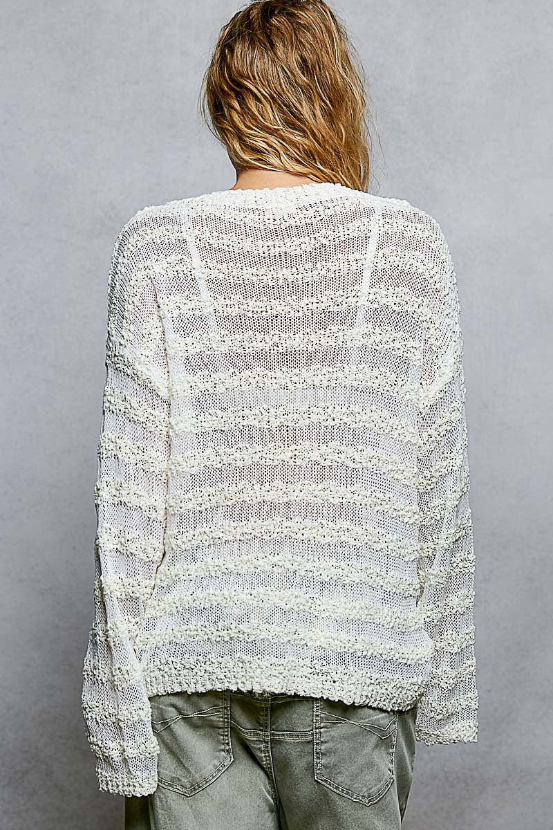 POL Off White Oversized Knit Blouse V-Neck Sheer Stripe Long Sleeve Casual