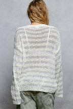 POL Off-White Oversize Strickbluse V-Ausschnitt Transparent Gestreift Langarm Lässig