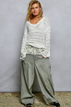 POL Off-White Oversize Strickbluse V-Ausschnitt Transparent Gestreift Langarm Lässig
