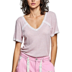 POL Textured T-shirt Casual V-Neck Lace Trim Short Sleeve Pink Top