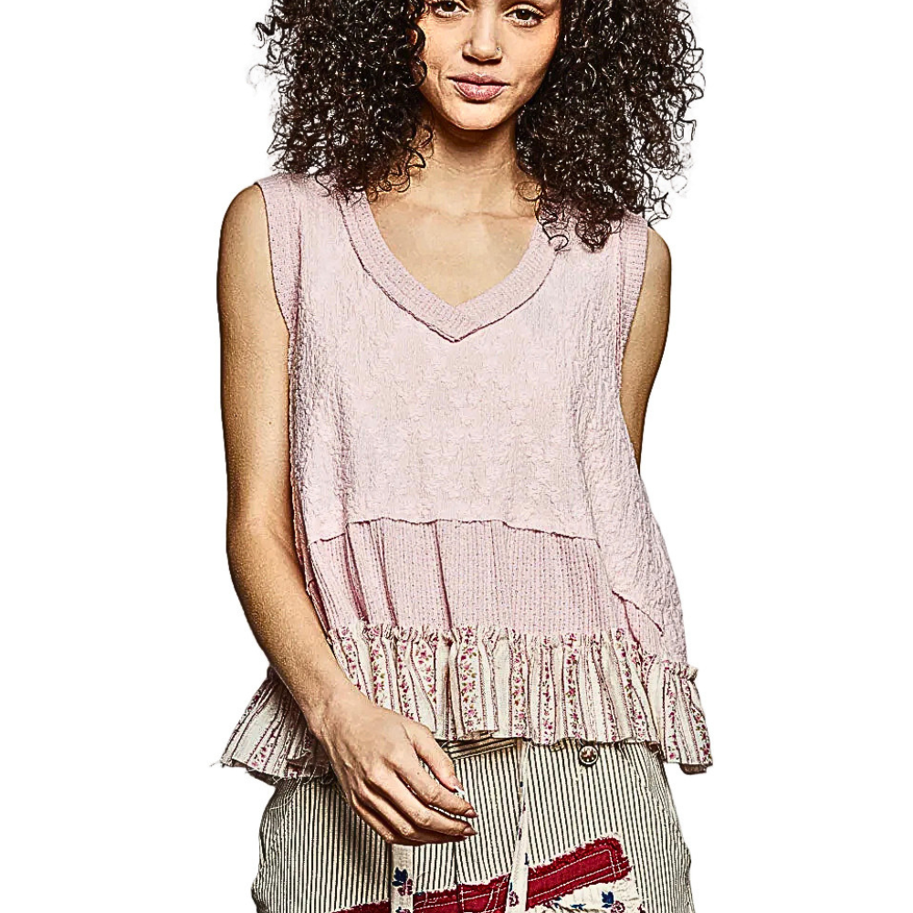 POL Textured Tank Top Floral Lace Cotton V-Neck Ruffle Hem Sleeveless Blouse