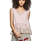 POL Textured Tank Top Floral Lace Cotton V-Neck Ruffle Hem Sleeveless Blouse