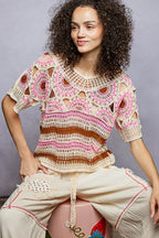 POL Crochet Knit Top Pink Multi Weave Woven Boho Round Neck Short Sleeve