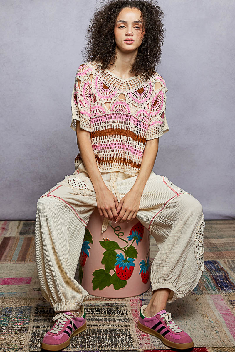 POL Crochet Knit Top Pink Multi Weave Woven Boho Round Neck Short Sleeve