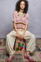 POL Crochet Knit Top Pink Multi Weave Woven Boho Round Neck Short Sleeve