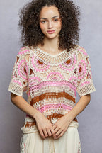 POL Crochet Knit Top Pink Multi Weave Woven Boho Round Neck Short Sleeve