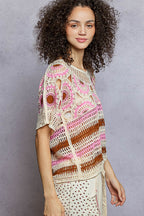 POL Crochet Knit Top Pink Multi Weave Woven Boho Round Neck Short Sleeve