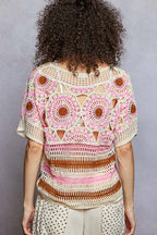POL Crochet Knit Top Pink Multi Weave Woven Boho Round Neck Short Sleeve