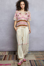 POL Crochet Knit Top Pink Multi Weave Woven Boho Round Neck Short Sleeve