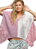 POL Asymmetrical  Lace Top Fucshia V‑Neck Short Sleeve Women’s Casual Blouse - Styleinger