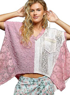 POL Asymmetrical  Lace Top Fucshia V‑Neck Short Sleeve Women’s Casual Blouse - Styleinger