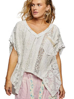 POL Asymmetrical Top V‑Neck Short Sleeve Off White Lace Women Lightweight Blouse - Styleinger