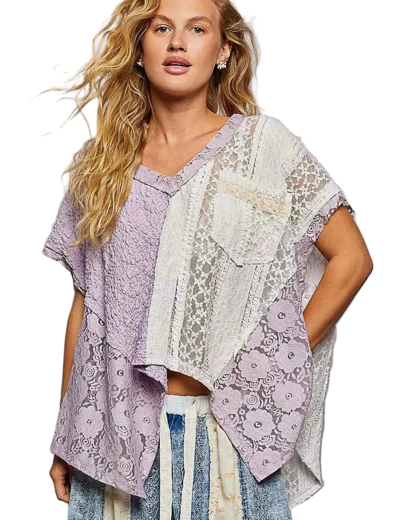 POL Asymmetrical V‑Neck Short Sleeve Lace Top Lavender Women’s Boho Knit Shirt- STYLEINGER