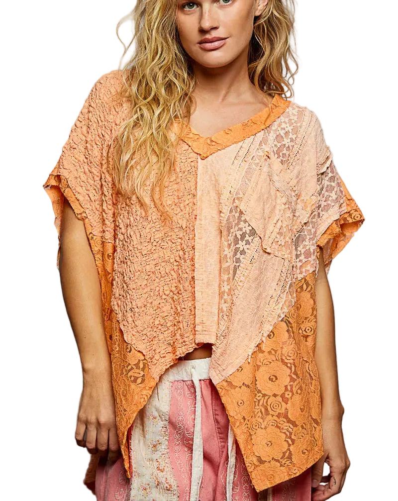 POL Asymmetrical V‑Neck Short Sleeve Lace Top Women Boho Casual S‑L Orange - STYLEINGER